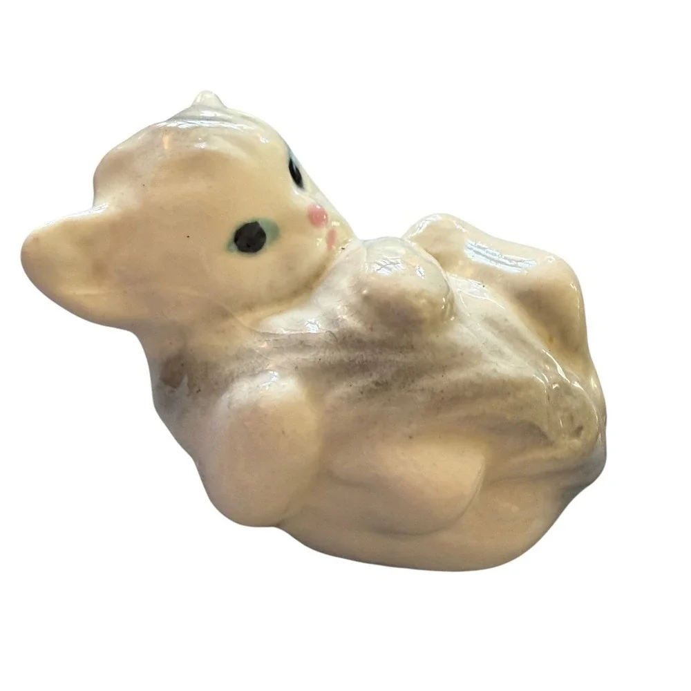 Vintage Japan Ceramic Kitten Figurine Playful White Grey Cat Blue Eyes Crazing
